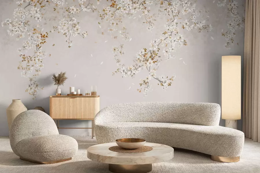 carta da parati Rami con fiori bianchi su uno sfondo beige chiaro nr. w05129