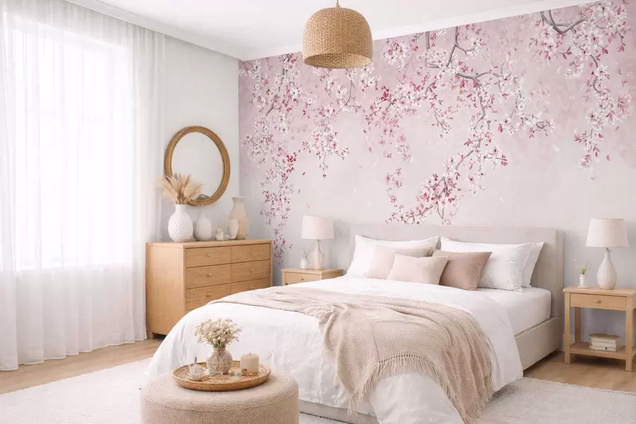 carta da parati Rami con fiori rosa su uno sfondo pastello tenue nr. w05129v1