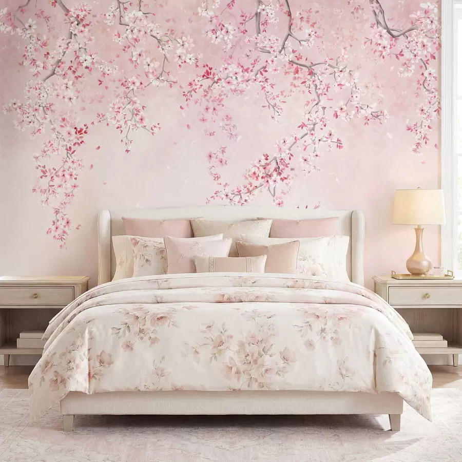 carta da parati Rami con fiori rosa su uno sfondo pastello tenue nr. w05129v1