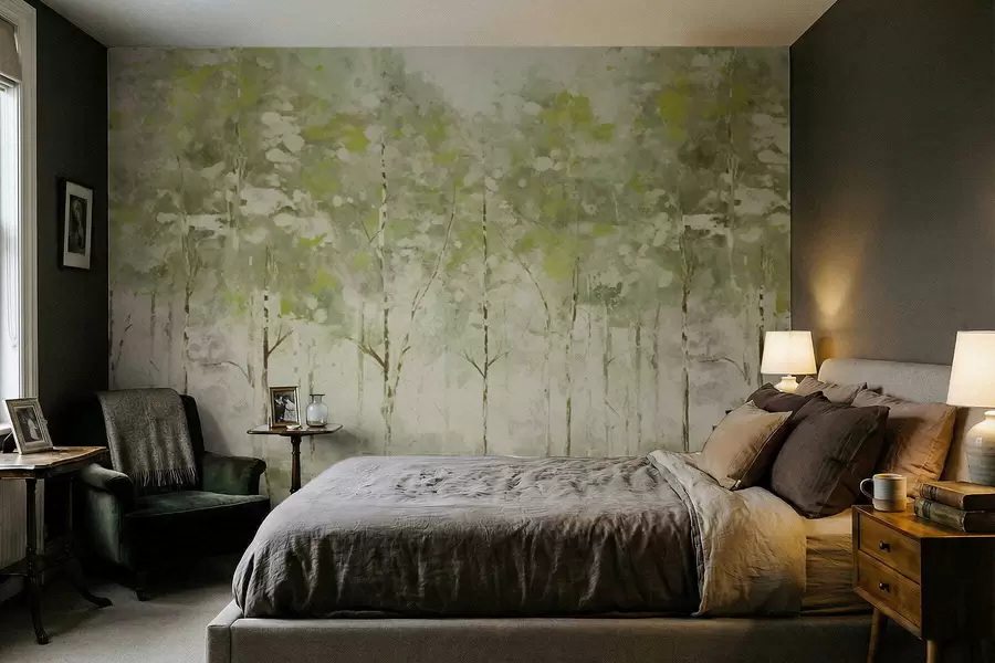 carta da parati Foresta stilizzata con alberi slanciati nei toni del verde nr. w05221v1