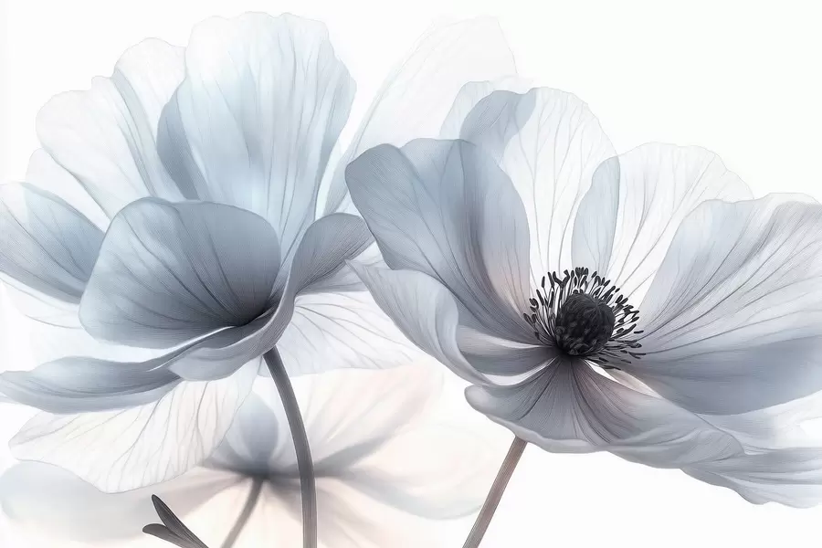 Carta da parati Floreale Fiori traslucidi bianco-bluastri su sfondo chiaro n. w09720