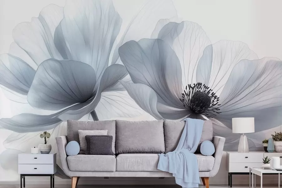 Carta da parati Floreale Fiori traslucidi bianco-bluastri su sfondo chiaro n. w09720