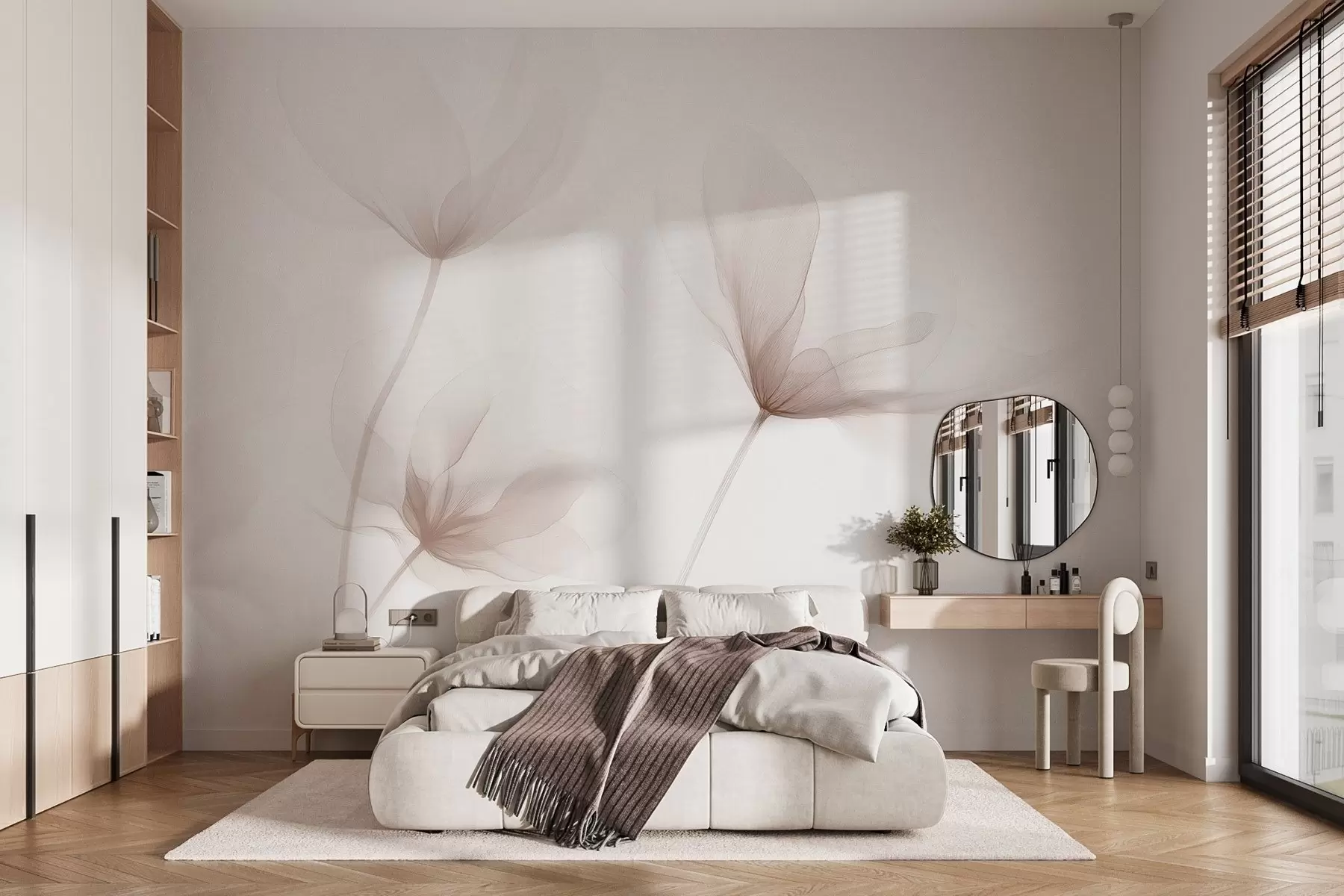 Carta da parati Floreale Fiori beige ariosi in stile minimalista e leggero n. w09734