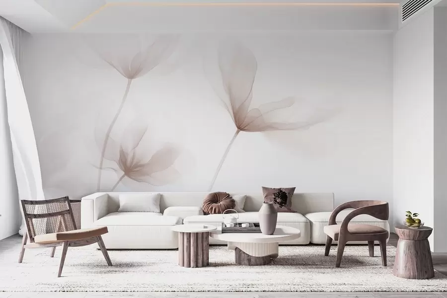 Carta da parati Floreale Fiori beige ariosi in stile minimalista e leggero n. w09734