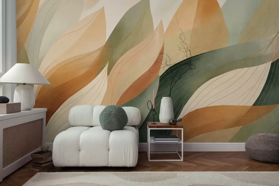 carta da parati Foglie astratte, tenui tonalità terrose di verde e arancione con delicati dettagli lineari, morbida texture acquerellata. nr. w09736