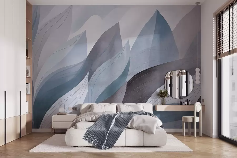 carta da parati Foglie astratte, tenui tonalità terrose di blu con delicati dettagli lineari, morbida texture acquerellata. nr. w09736v1