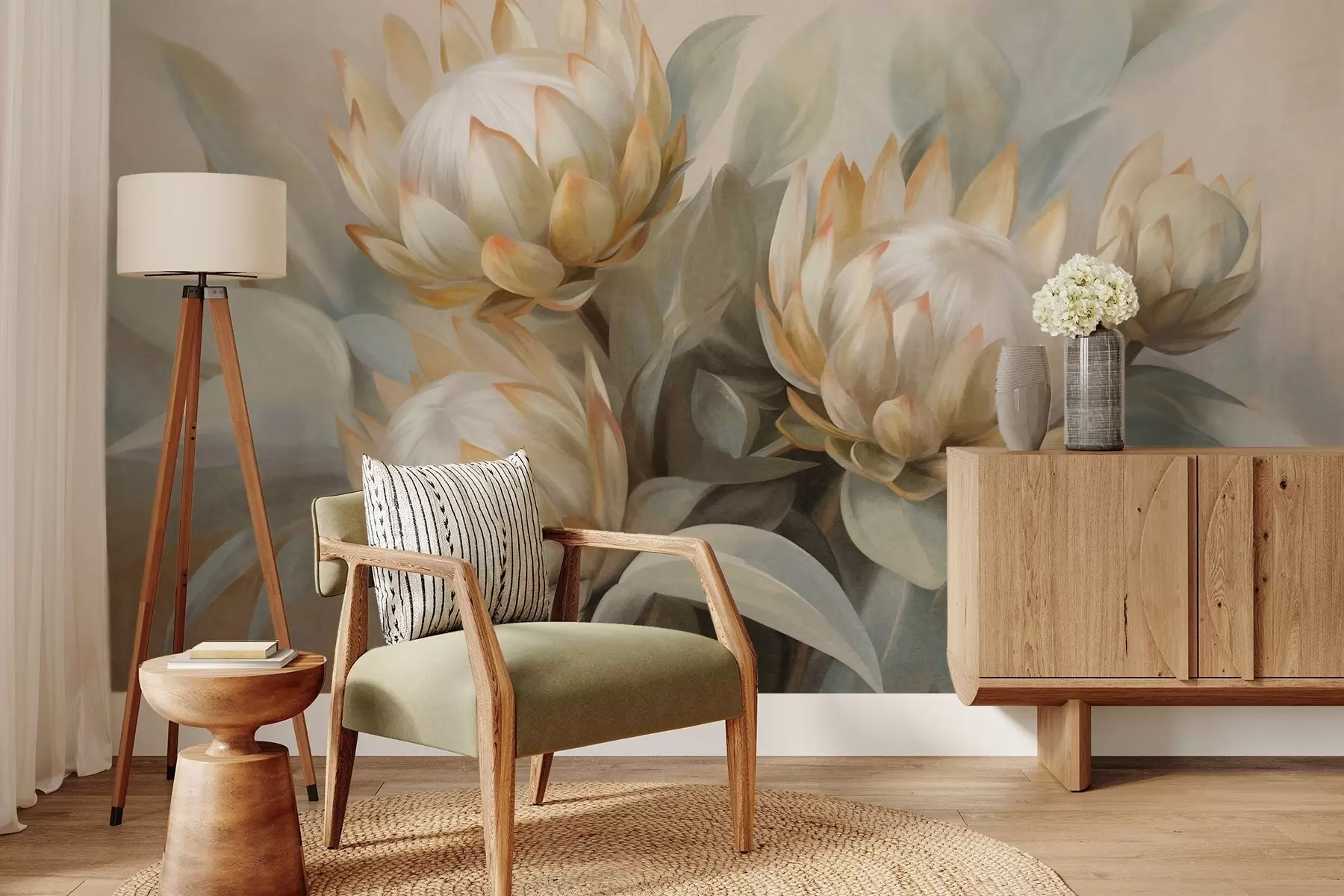 Carta da parati Floreale Fiori di protea con texture, foglie verdi e sfondo morbido e sfocato n. w09738