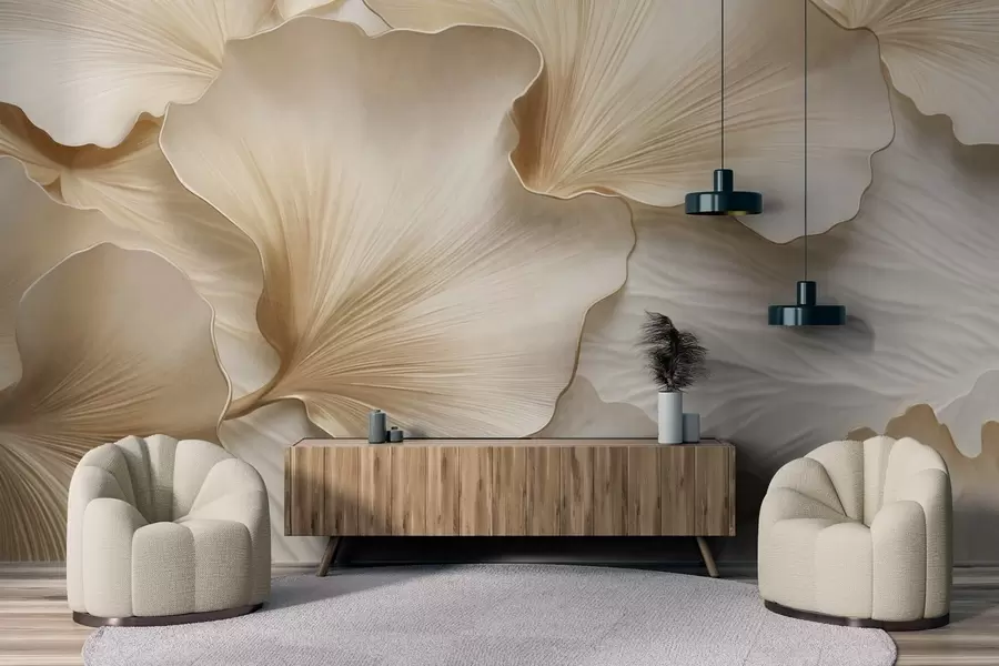 Carta da parati nature Petali di foglie di ginkgo beige e bianchi con texture e delicata stampa organica 