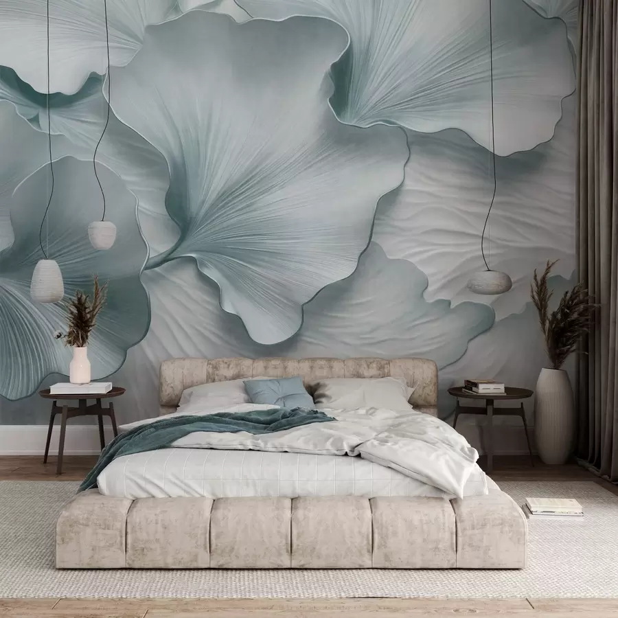 Carta da parati nature Petali di foglie di ginkgo blu e bianchi con texture e delicata stampa organica 