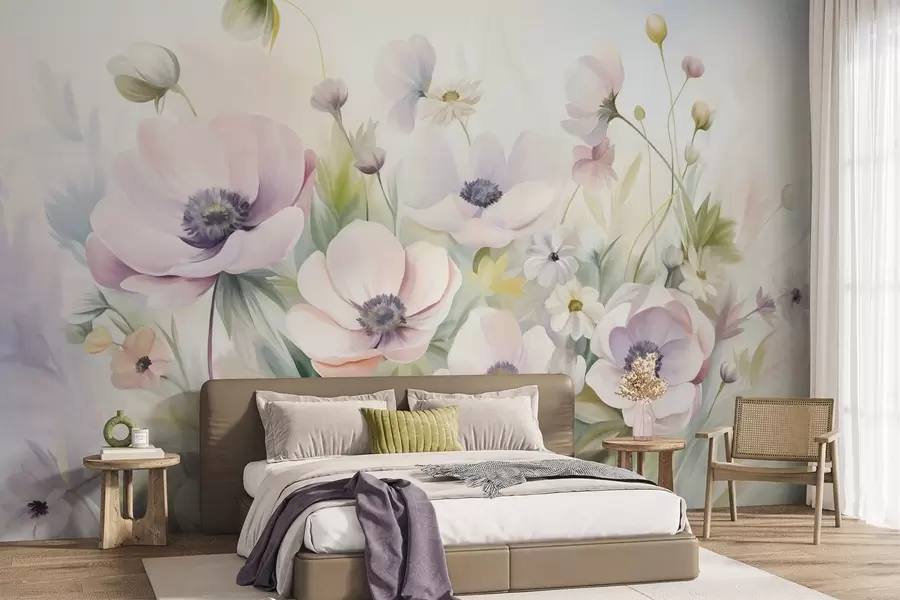 carta da parati Un campo di fiori di anemone rosa pastello e bianchi, fogliame verde e piccole margherite bianche nr. w09742