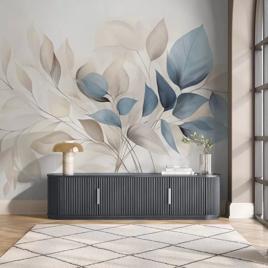 carta da parati Foglie astratte traslucide nei toni del blu, beige e crema, arte materica nr. w09744