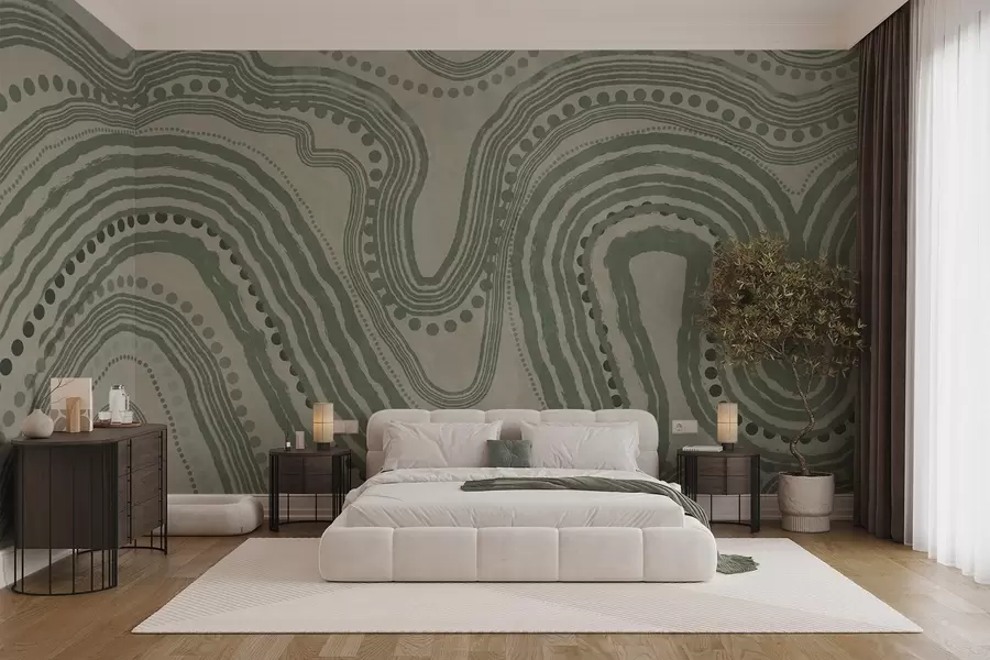 carta da parati Linee ondulate e punti astratti verdi e beige, arte moderna con texture nr. w09747