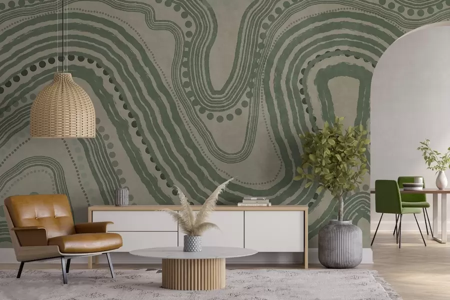 carta da parati Linee ondulate e punti astratti verdi e beige, arte moderna con texture nr. w09747
