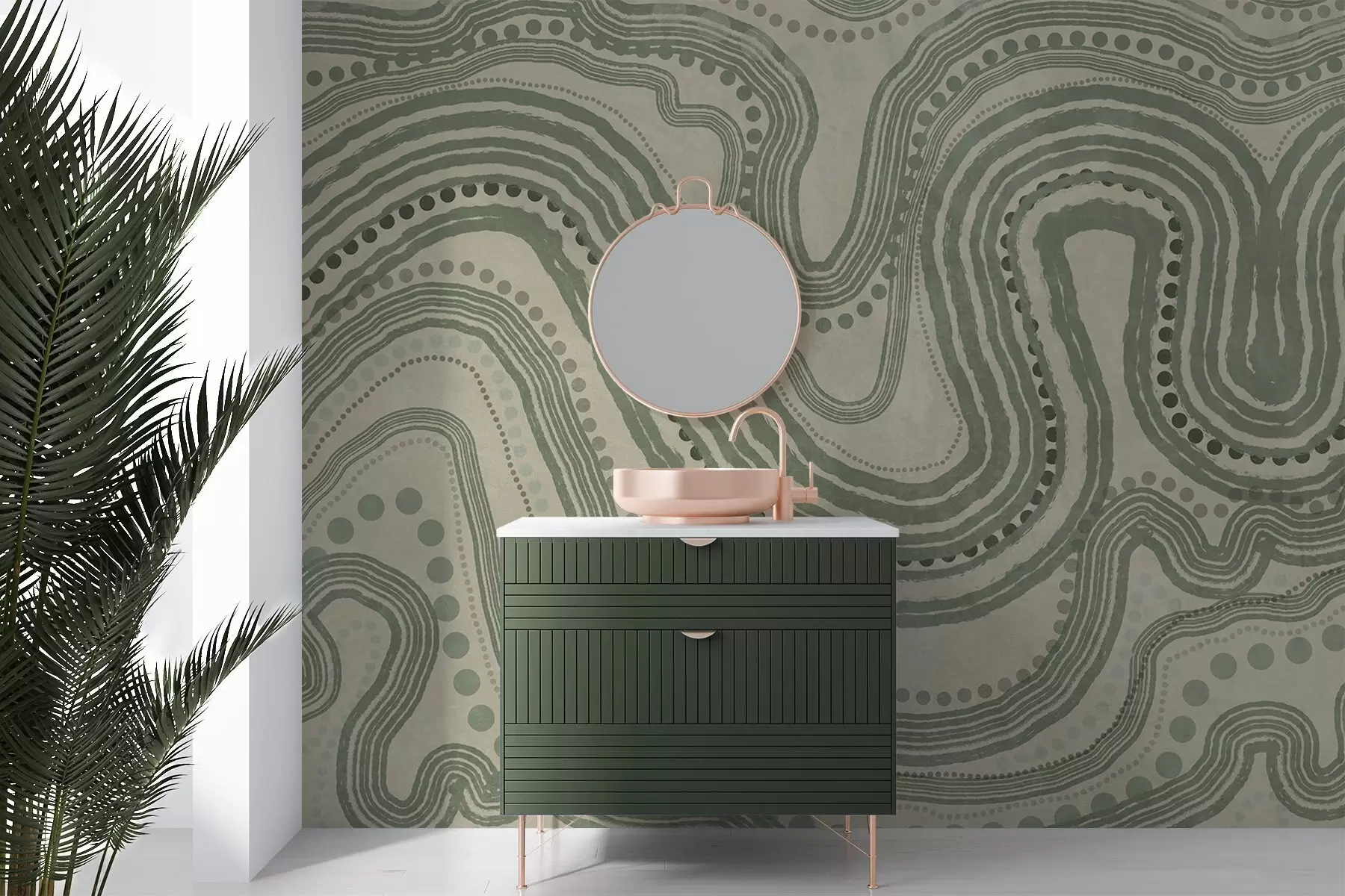 carta da parati Linee ondulate e punti astratti verdi e beige, arte moderna con texture nr. w09747