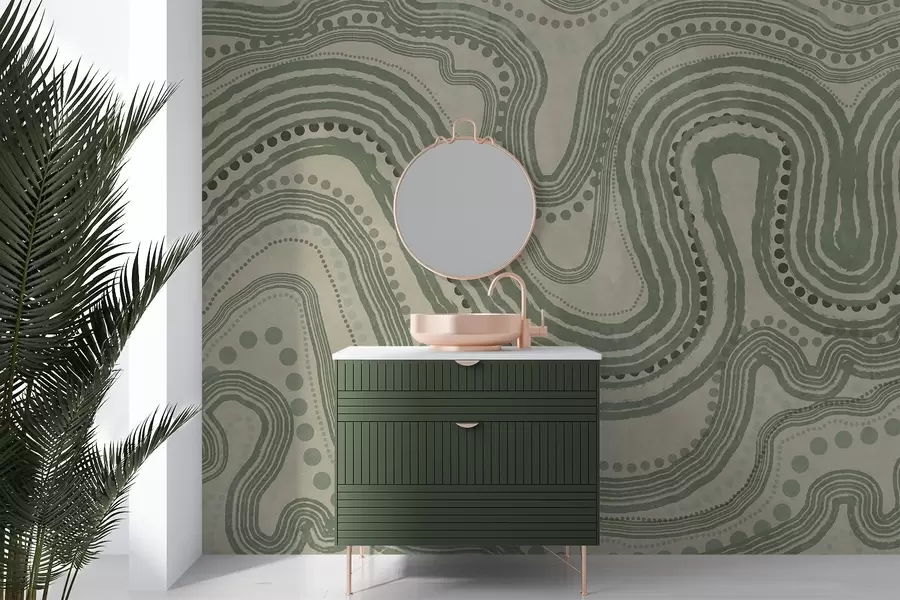carta da parati Linee ondulate e punti astratti verdi e beige, arte moderna con texture nr. w09747