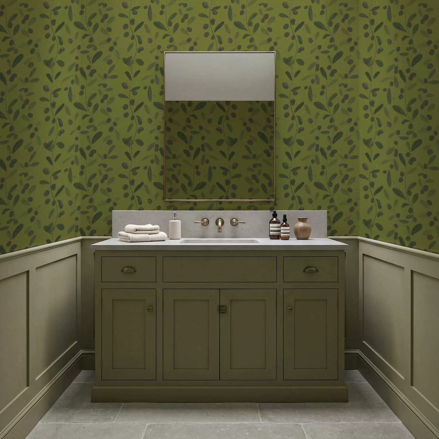 carta da parati Rami verdi con foglie e bacche su olivo nr. a01113