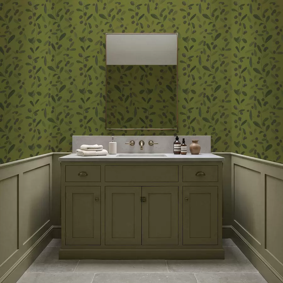 carta da parati Rami verdi con foglie e bacche su olivo nr. a01113