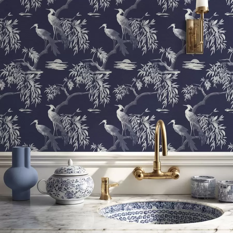 carta da parati Uccelli su un ramo su sfondo blu scuro nr. a01116v1