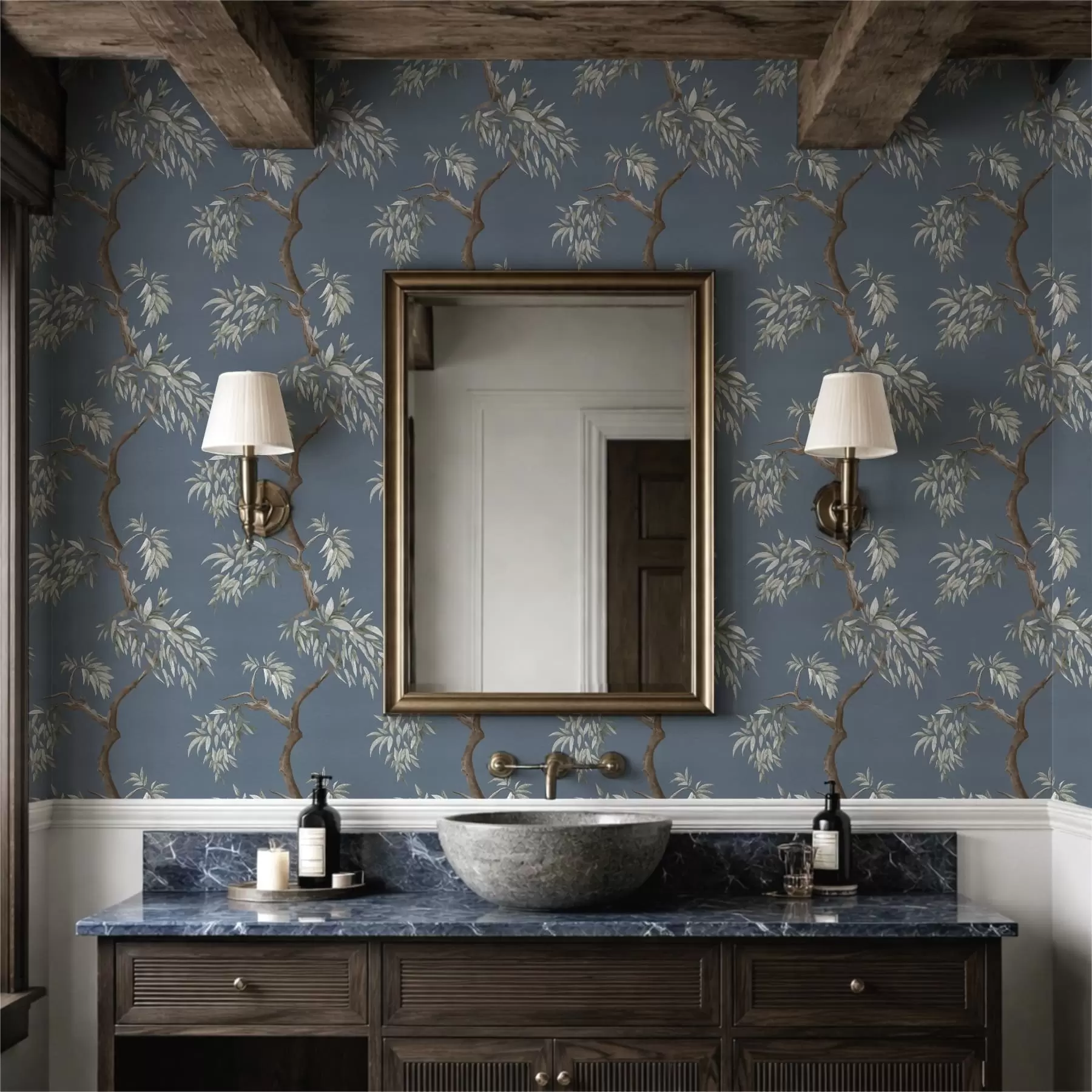 carta da parati Ramo di albero con foglie su sfondo blu nr. a01117