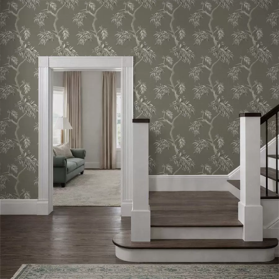 carta da parati Ramo leggero con foglie su sfondo color oliva nr. a01117v1