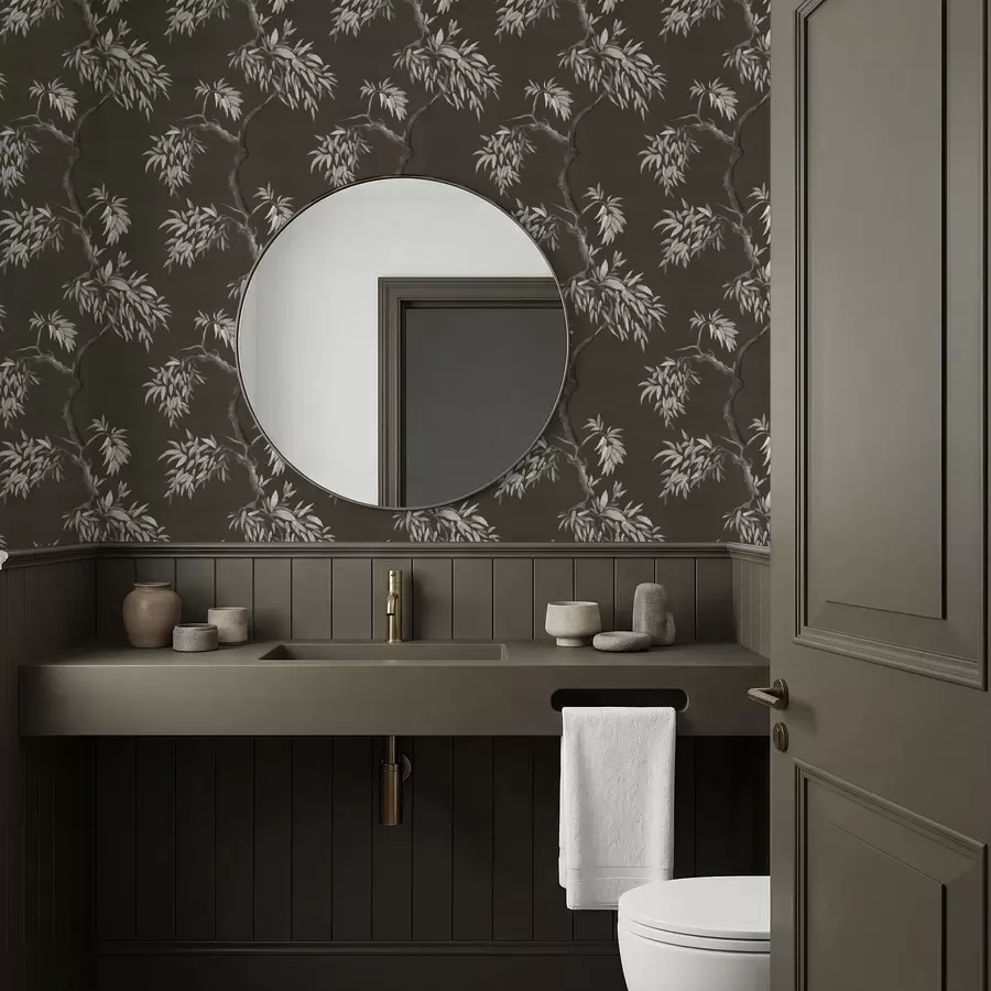 carta da parati Ramo monocromatico con foglie su sfondo scuro nr. a01117v2