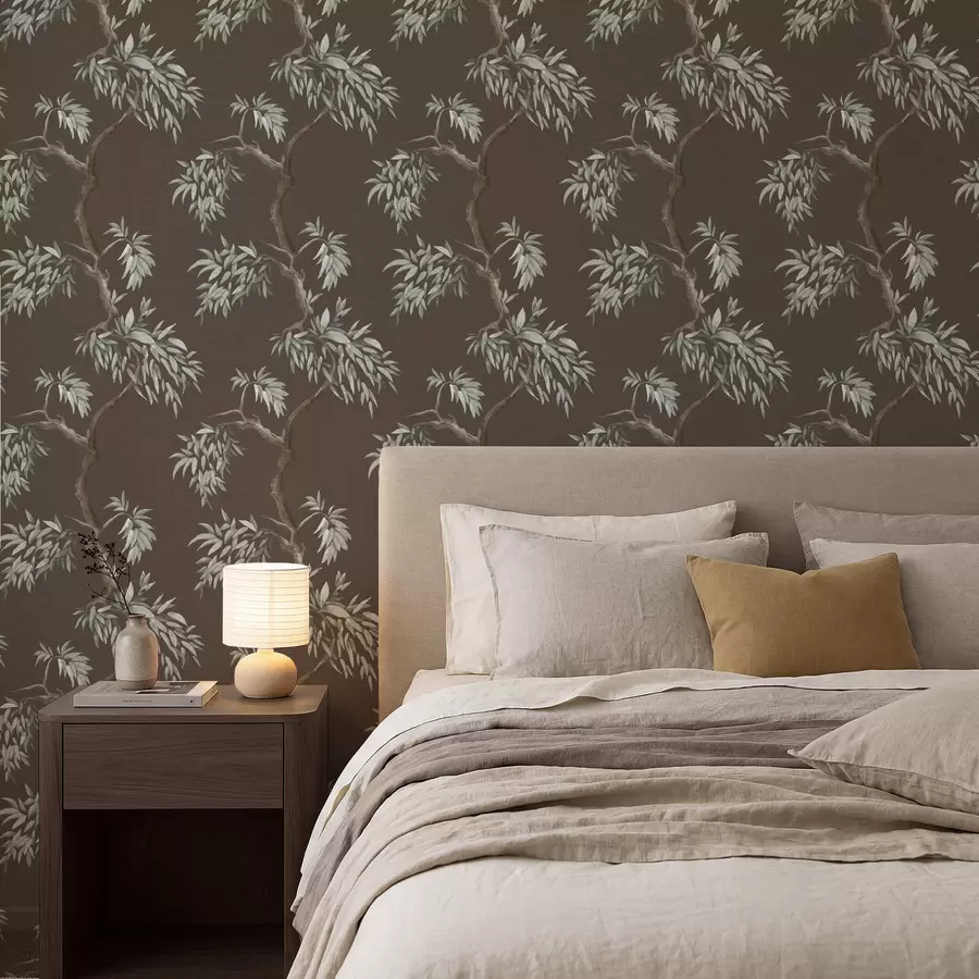 carta da parati Ramo di albero con foglie su sfondo marrone nr. a01117v3