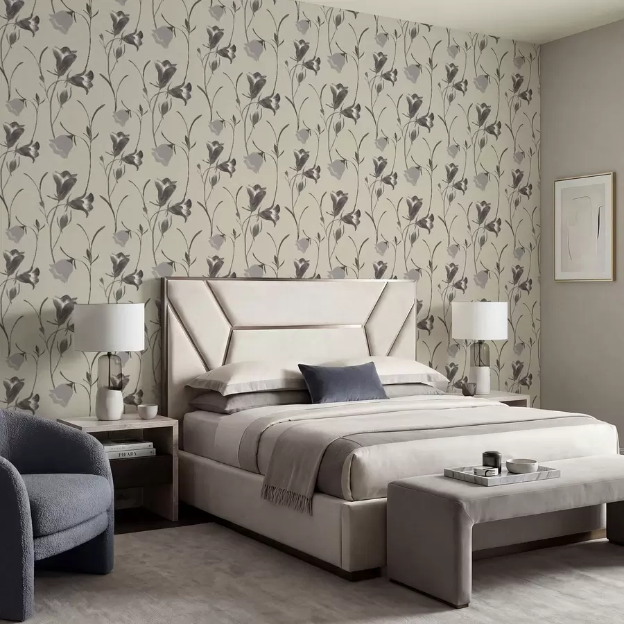 carta da parati Fiori grigi a campana su sfondo beige chiaro nr. a01119