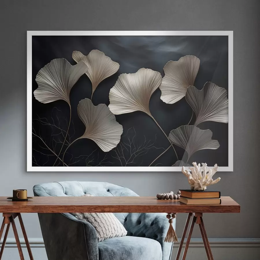 carta da parati Foglie di ginkgo su sfondo scuro nr. f48008