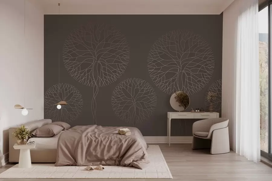 Carta da parati nature Alberi lineari fantastici con chiome rigogliose in eleganti tonalità moka 