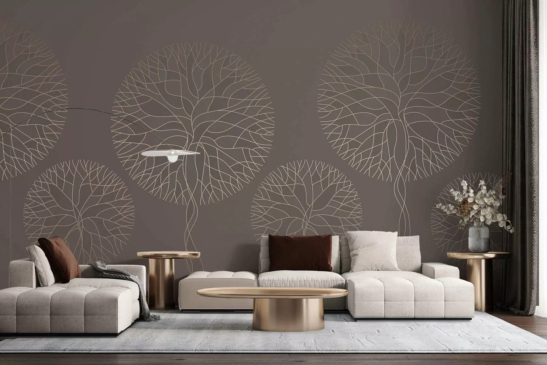 Carta da parati nature Alberi lineari fantastici con chiome rigogliose in eleganti tonalità moka 