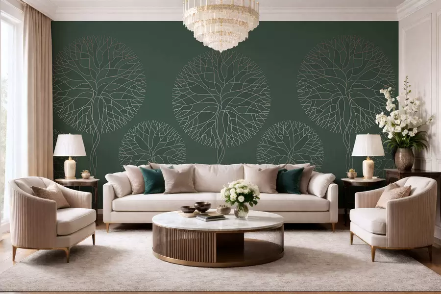 Carta da parati nature Alberi lineari fantastici con chiome rigogliose in eleganti tonalità verde scuro 