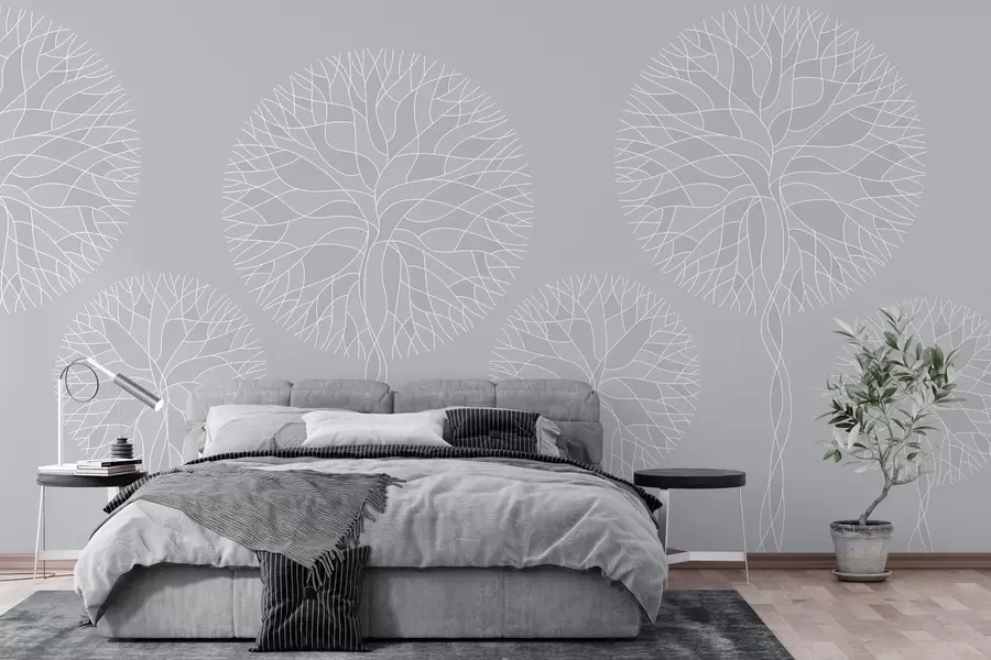 Carta da parati nature Alberi lineari fantastici con chiome rigogliose nei toni del grigio chiaro 