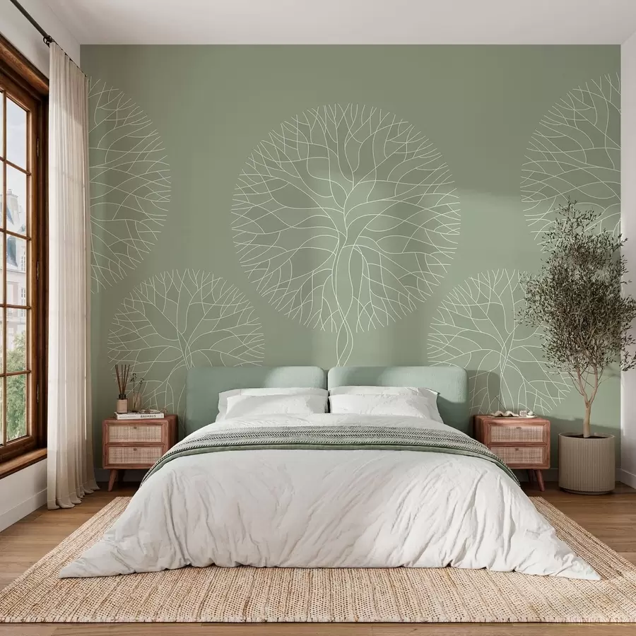 Carta da parati nature Alberi lineari fantastici con chiome rigogliose nei toni del verde chiaro 