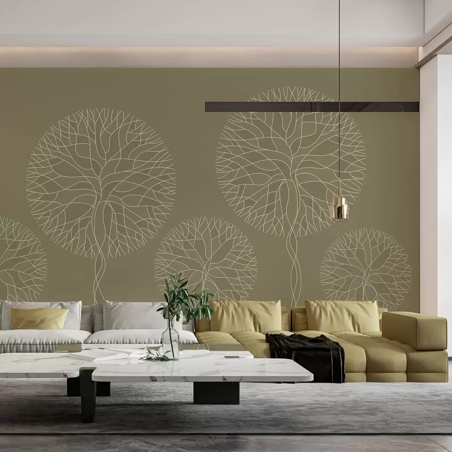 Carta da parati nature Alberi lineari fantastici con chiome rigogliose nei toni del kaki 