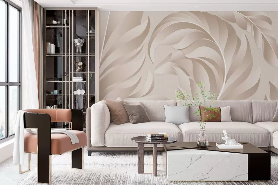 Carta da parati Foglie 3D grandi piume testurizzate nei toni del beige e del cipria
