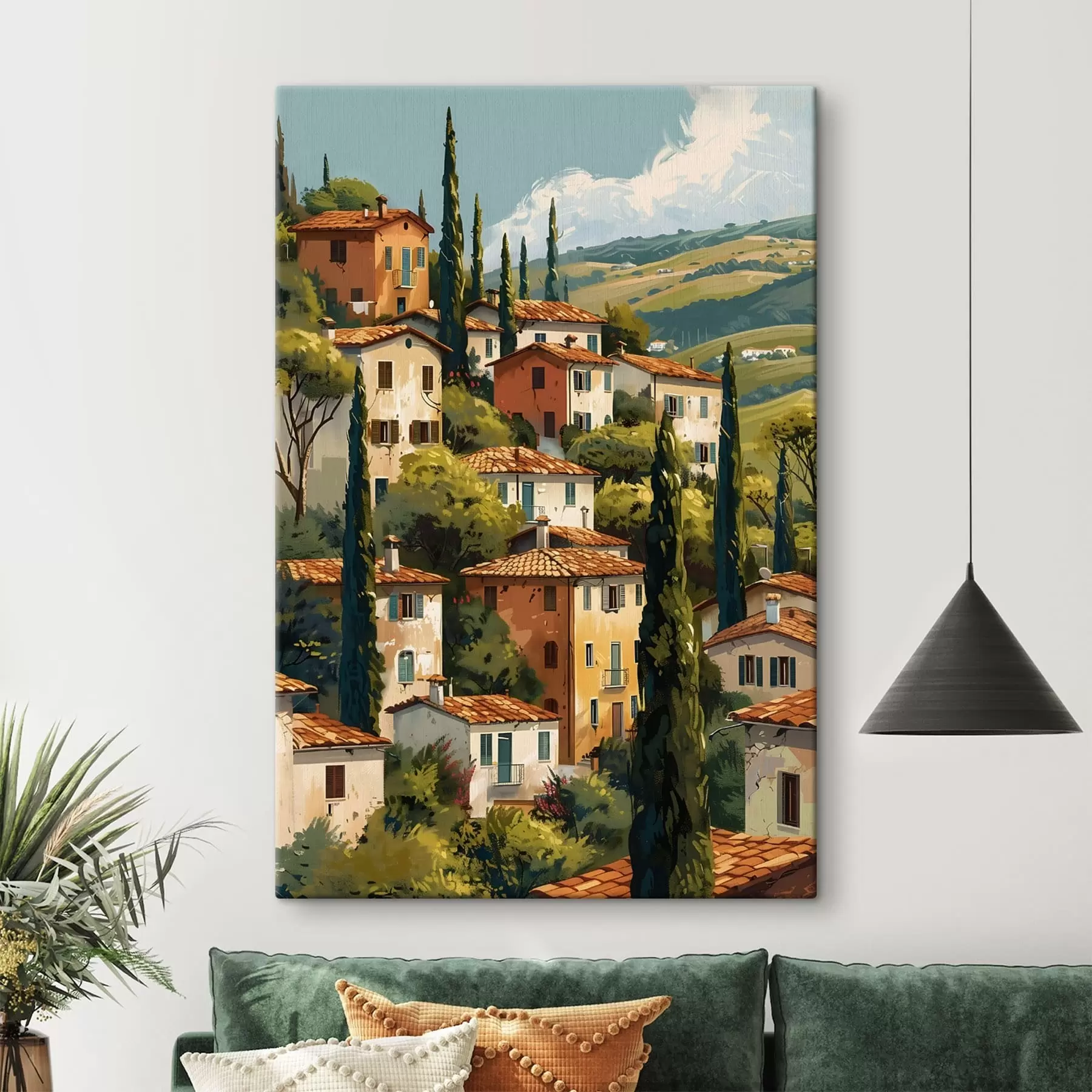 carta da parati villaggio mediterraneo collinare, case dai toni caldi con tetti in terracotta nr. s47950