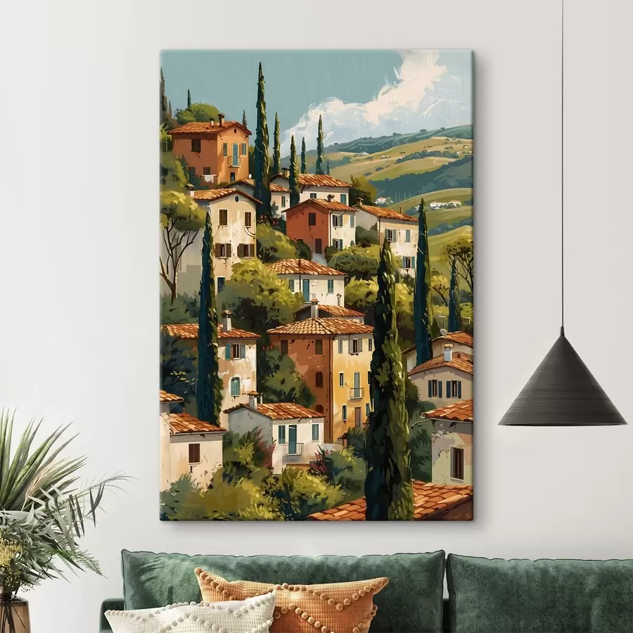 carta da parati villaggio mediterraneo collinare, case dai toni caldi con tetti in terracotta nr. s47950