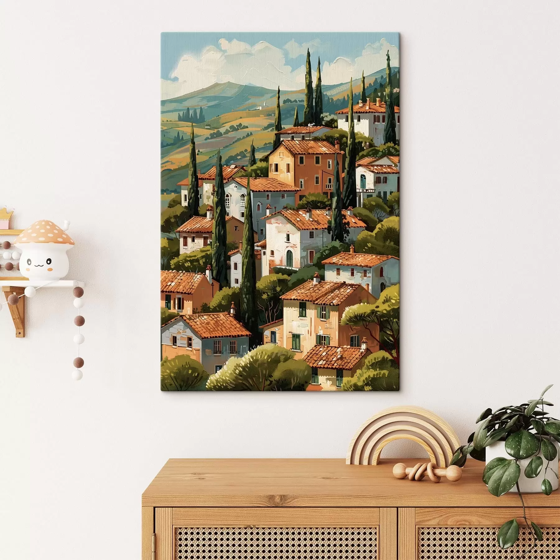 carta da parati villaggio mediterraneo collinare, case dai toni caldi con tetti in terracotta nr. s47951