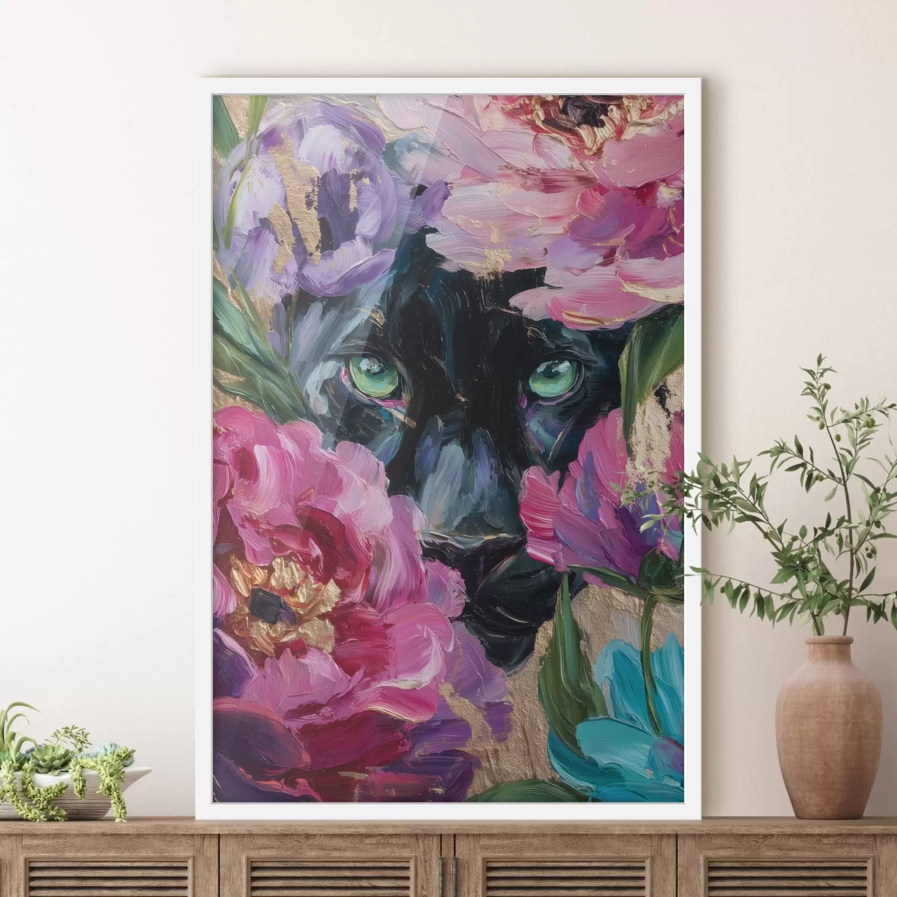 carta da parati una pantera nera fa capolino tra le peonie nr. f47936