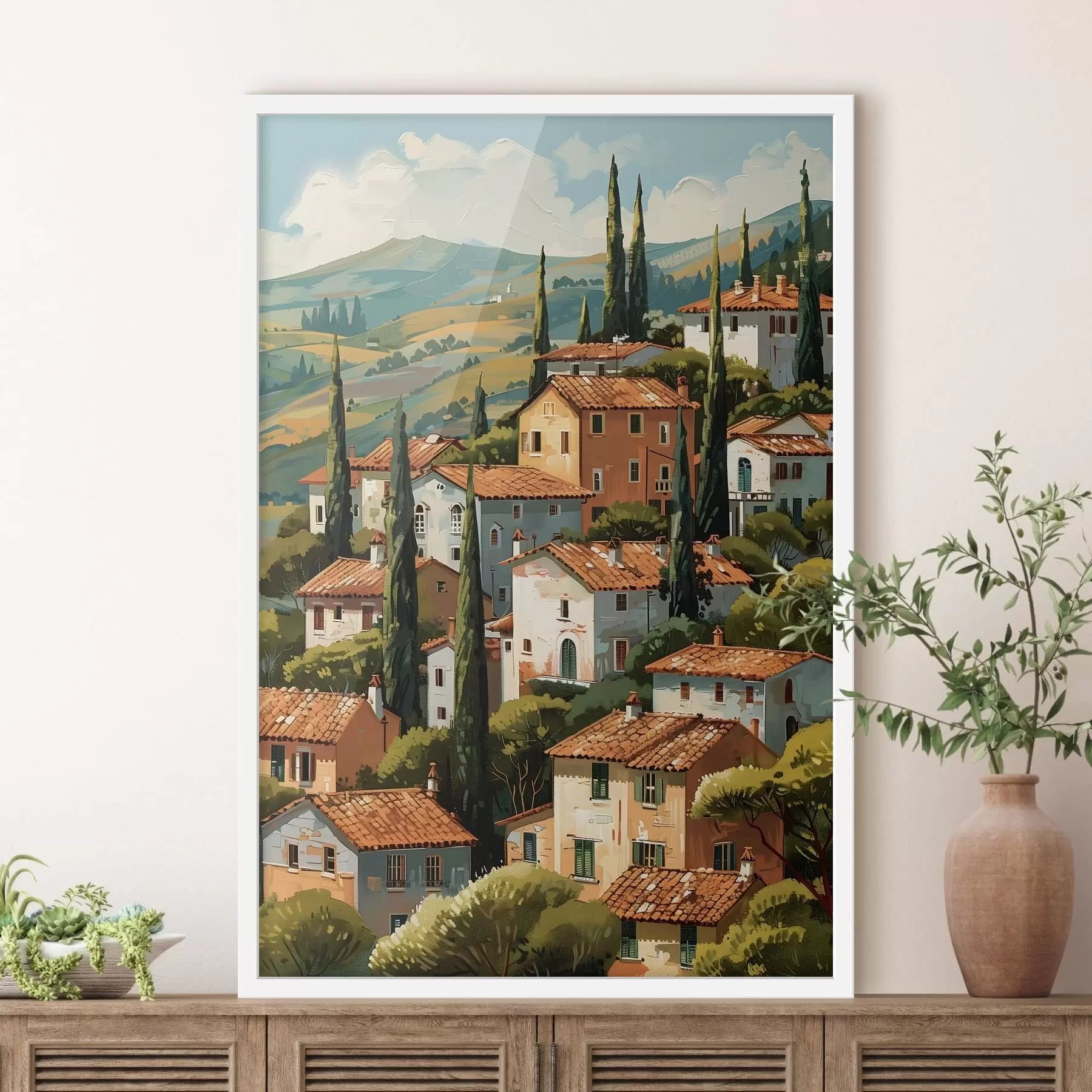carta da parati villaggio mediterraneo collinare, case dai toni caldi con tetti in terracotta nr. f47951