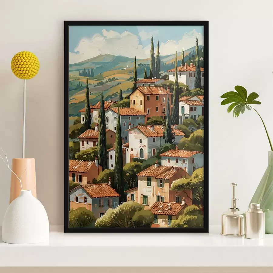 carta da parati villaggio mediterraneo collinare, case dai toni caldi con tetti in terracotta nr. f47951