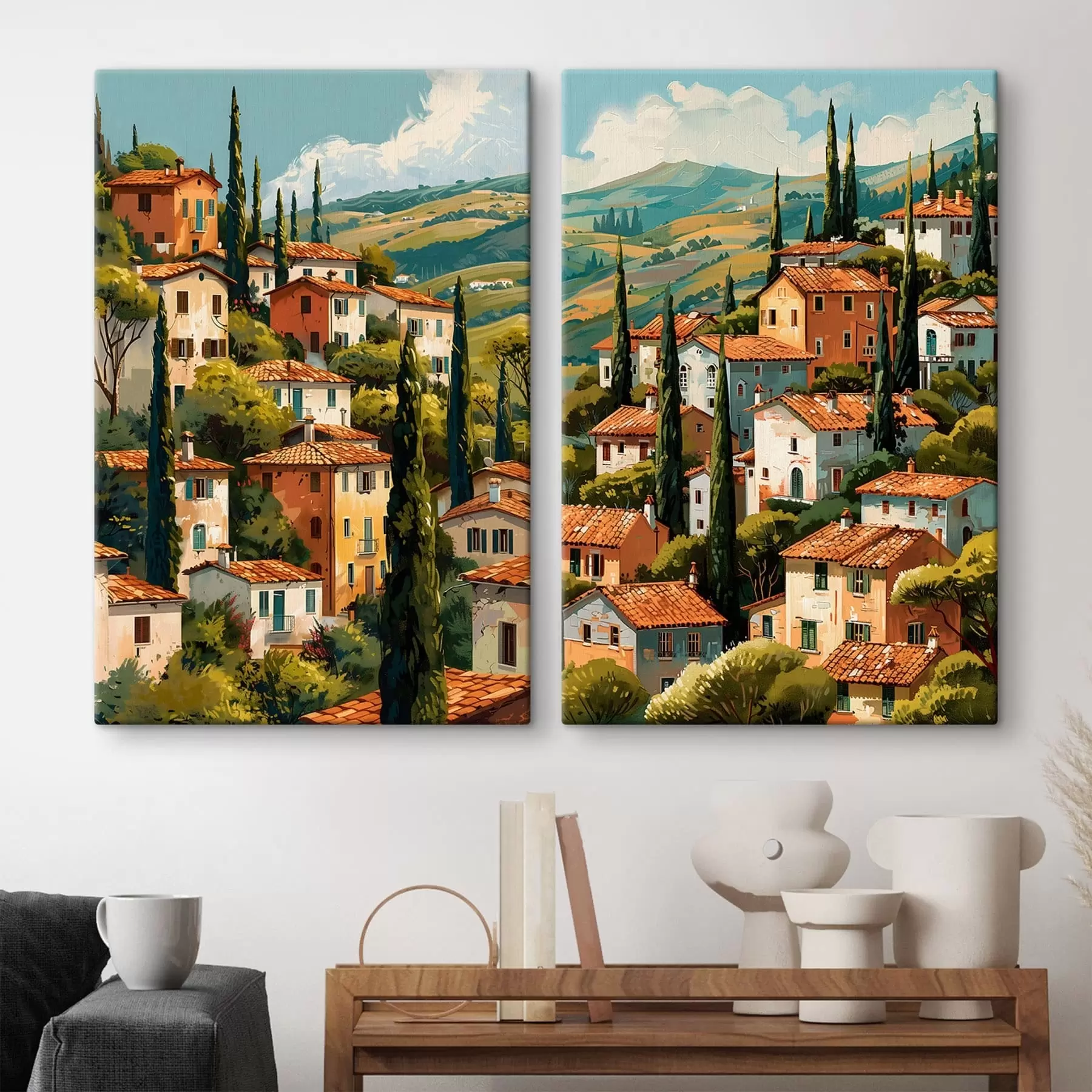 carta da parati villaggio mediterraneo collinare, case dai toni caldi con tetti in terracotta nr. m30097