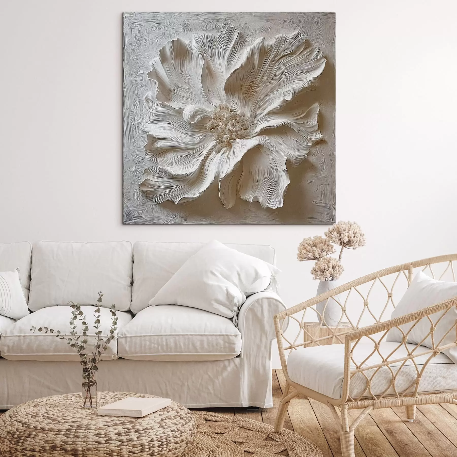 carta da parati scultura floreale in gesso bianco a rilievo nr. s48065