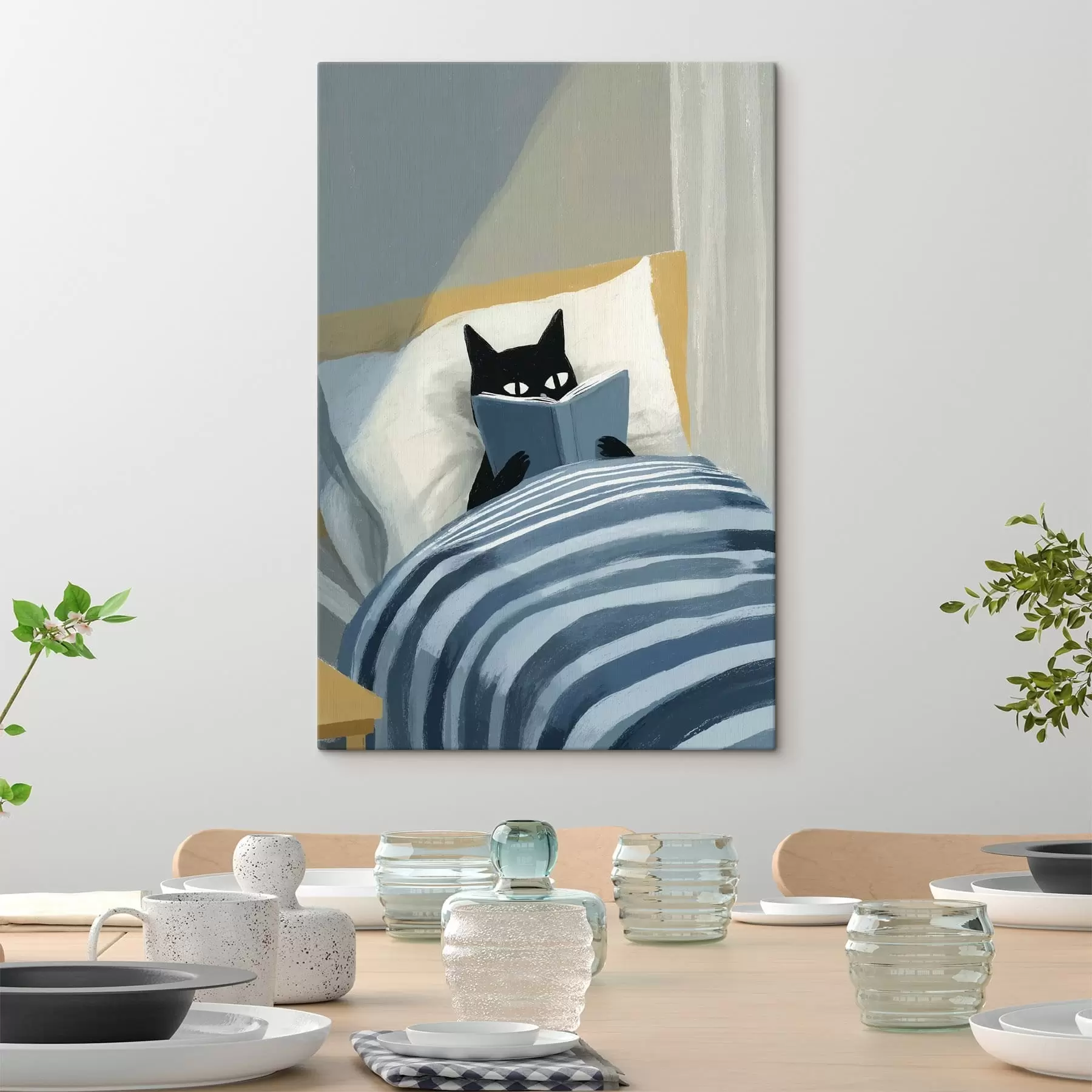 carta da parati illustrazione minimalista di un gatto nero che legge un libro a letto nr. s48117