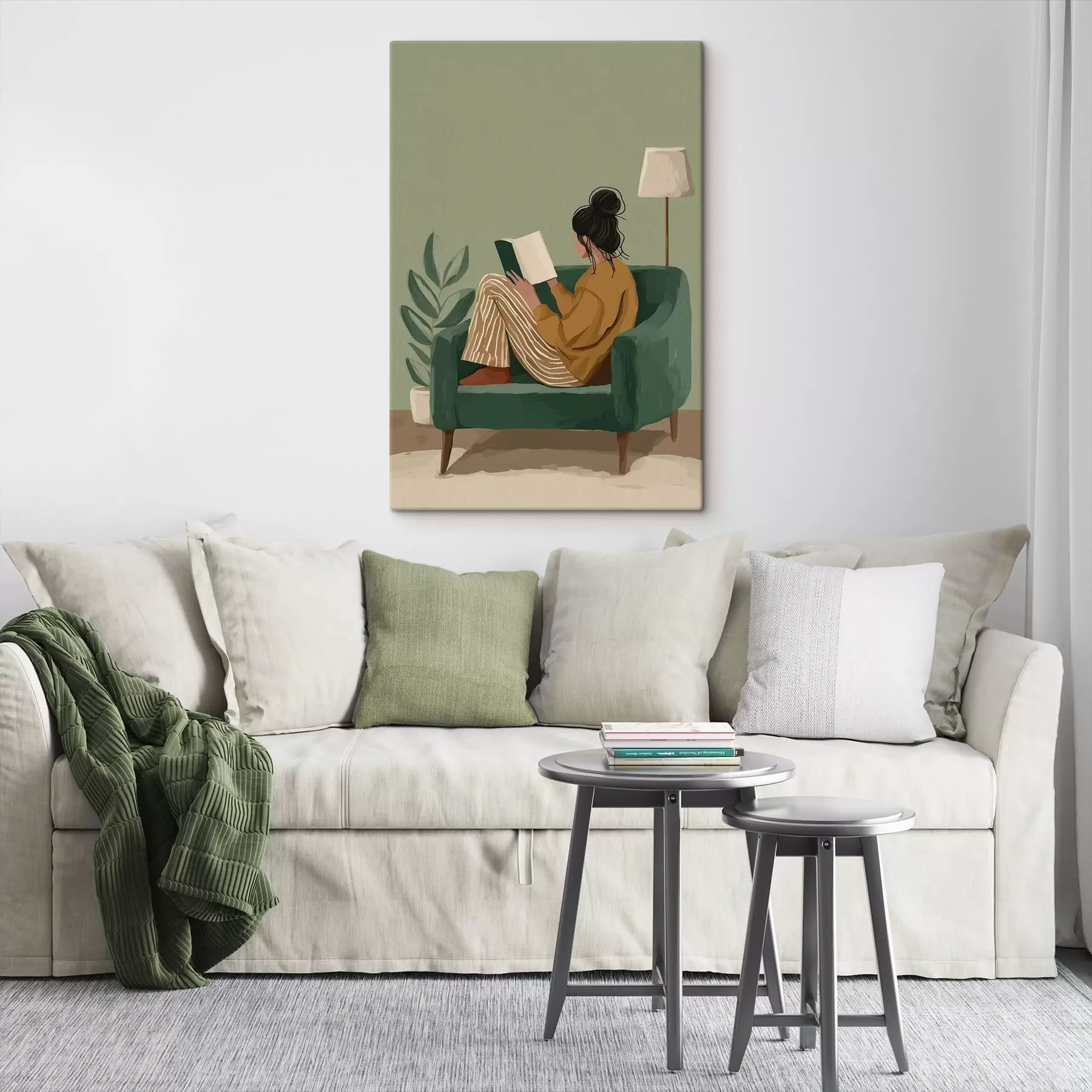 carta da parati illustrazione minimalista e accogliente di una donna seduta su una poltrona mentre legge nr. s48118