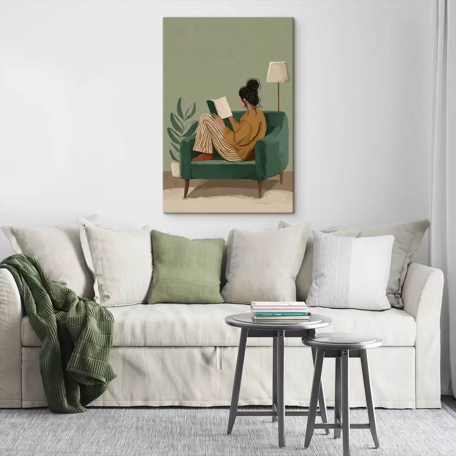 carta da parati illustrazione minimalista e accogliente di una donna seduta su una poltrona mentre legge nr. s48118