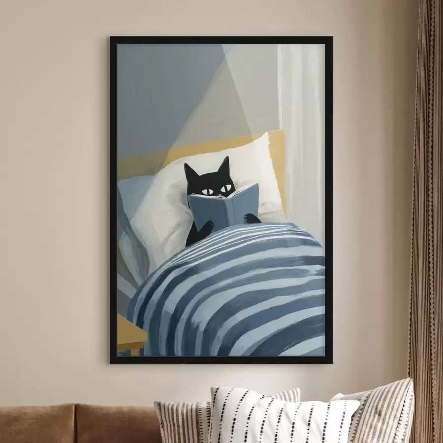 carta da parati illustrazione minimalista di un gatto nero che legge un libro a letto nr. f48117