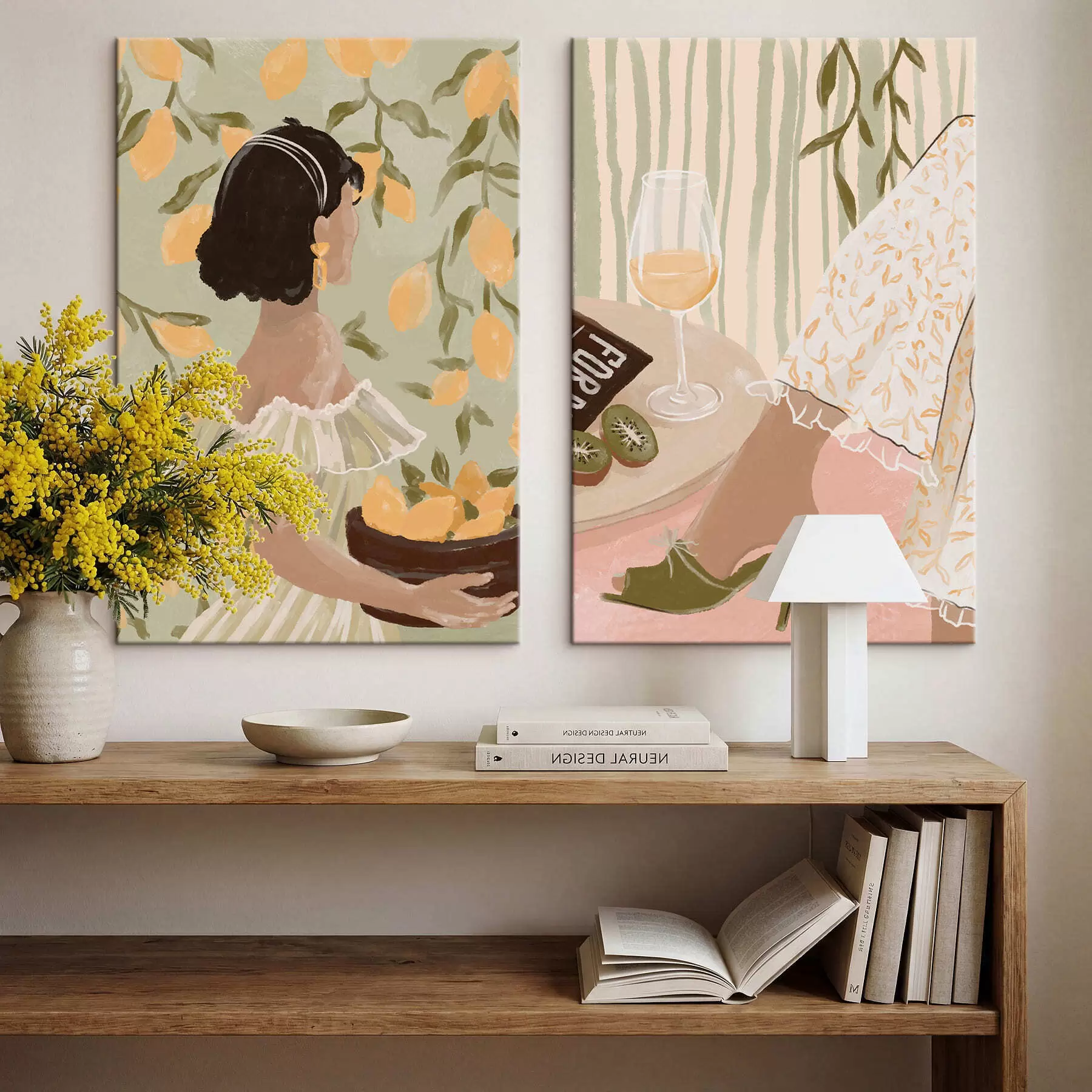 carta da parati Donna con limoni e tavolo con bicchiere nr. m30104