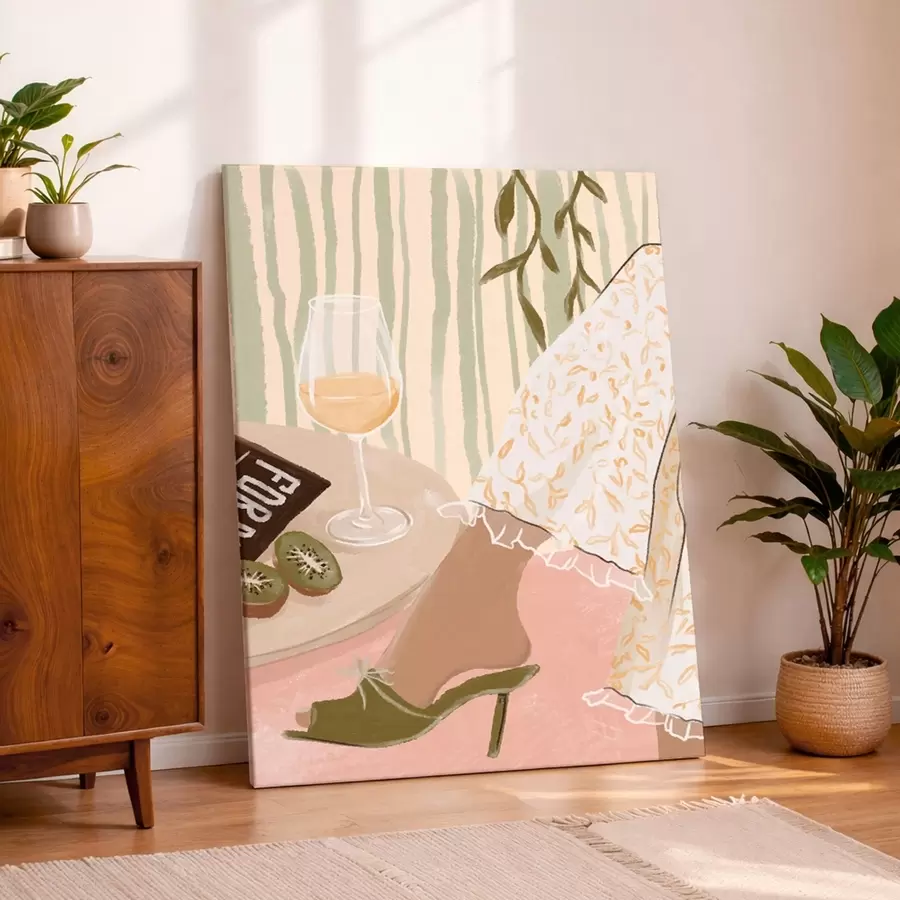 carta da parati Tavolo con bicchiere da vino e kiwi vicino al vestito nr. s48021