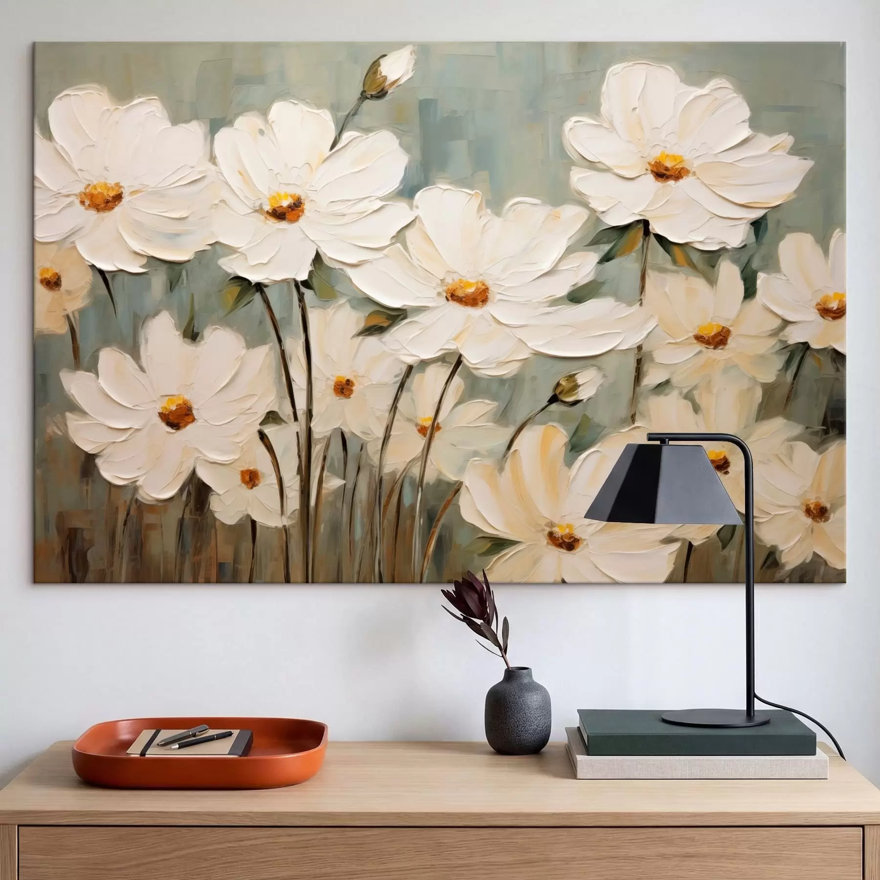 carta da parati Fiori bianchi su sfondo strutturato, pennellate nr. s48094